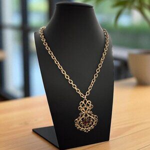 Vintage Goldette Gold Tone Chain Necklace Amber Coloured Cabochon Stone Pendant